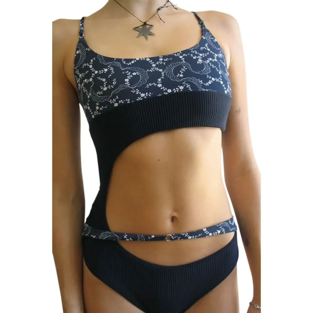 Frankies Bikinis Thea Ribbed Bandana Cutout One Piece Swimsuit in Dixie